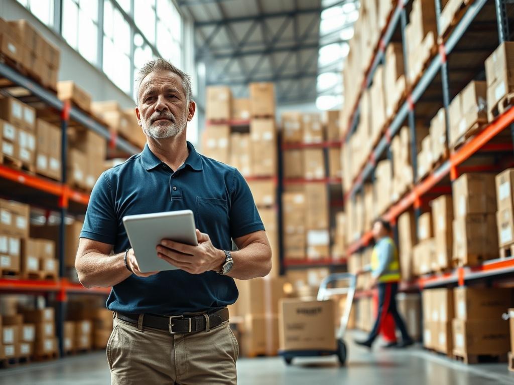 **AI Image Generation Prompt:**

Create a highly realistic high-resolution photo that encapsulates the essence of warehousing management in the e-commerce sector. The composition should focus on a single subject: a modern warehouse manager, a middle-aged man with a thoughtful expression, standing in the foreground. He is holding a digital tablet in one hand, reviewing inventory data. The warehouse manager is dressed in smart casual attire, wearing a dark blue polo shirt and khaki pants, to reflect professio