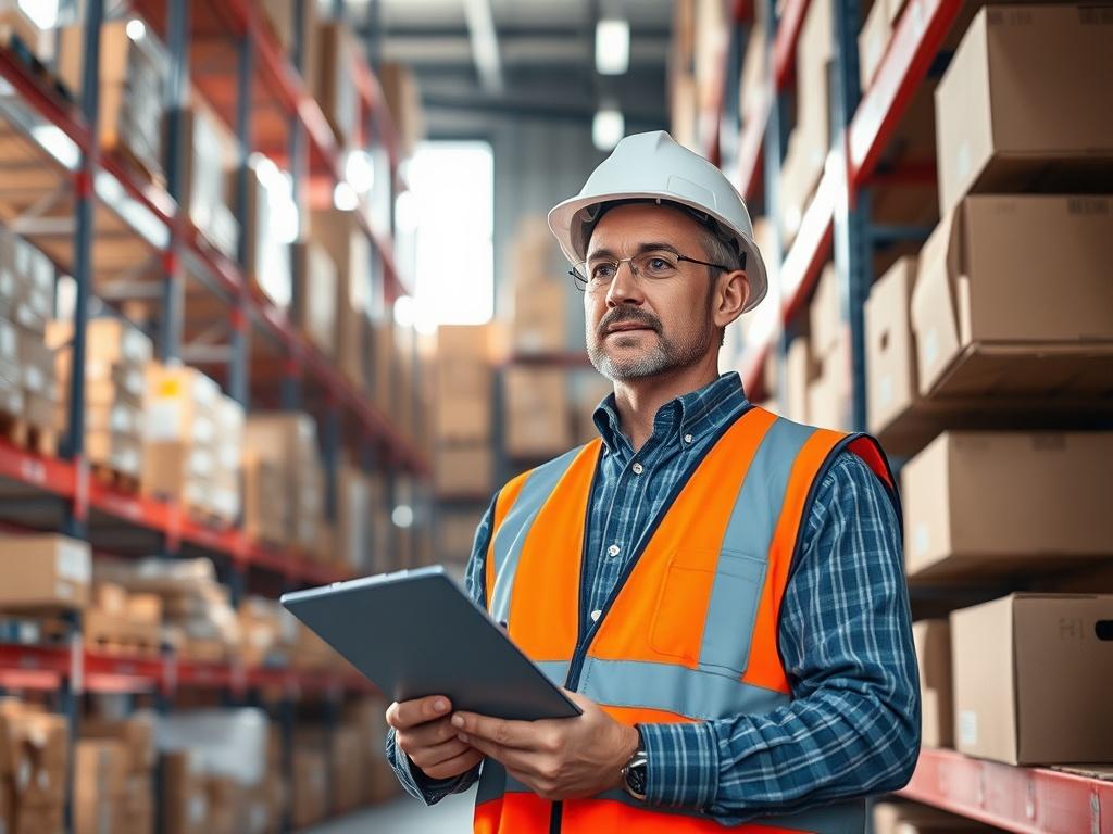 **AI Image Generation Prompt:**

Create a realistic high-resolution photo depicting a warehouse manager inspecting inventory shelves in a modern warehouse environment. The subject should be a focused middle-aged male manager wearing safety gear, such as a hard hat and reflective vest, standing confidently between tall shelving units filled with neatly organized boxes. He is holding a clipboard in one hand, with a look of determination on his face as he assesses the inventory for accuracy, symbolizing the ch