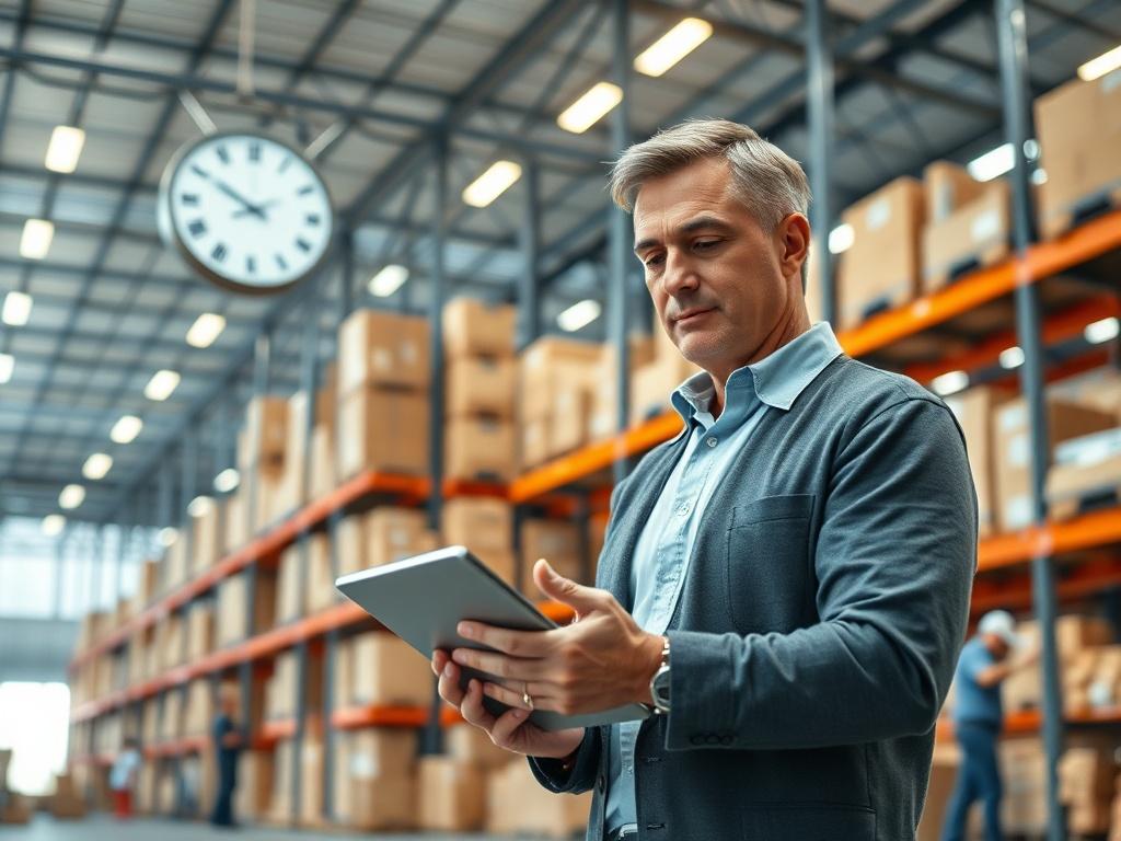 Create a highly realistic and high-resolution photograph that visually represents the theme of "How Third-Party Logistics Companies Help Businesses Scale Without the Growing Pains." The composition should feature a single subject: a confident logistics manager standing in a bright and organized warehouse setting. 

The manager, a middle-aged person with a professional demeanor, should be depicted examining a digital tablet, analyzing data or metrics related to shipping and inventory. The background should s