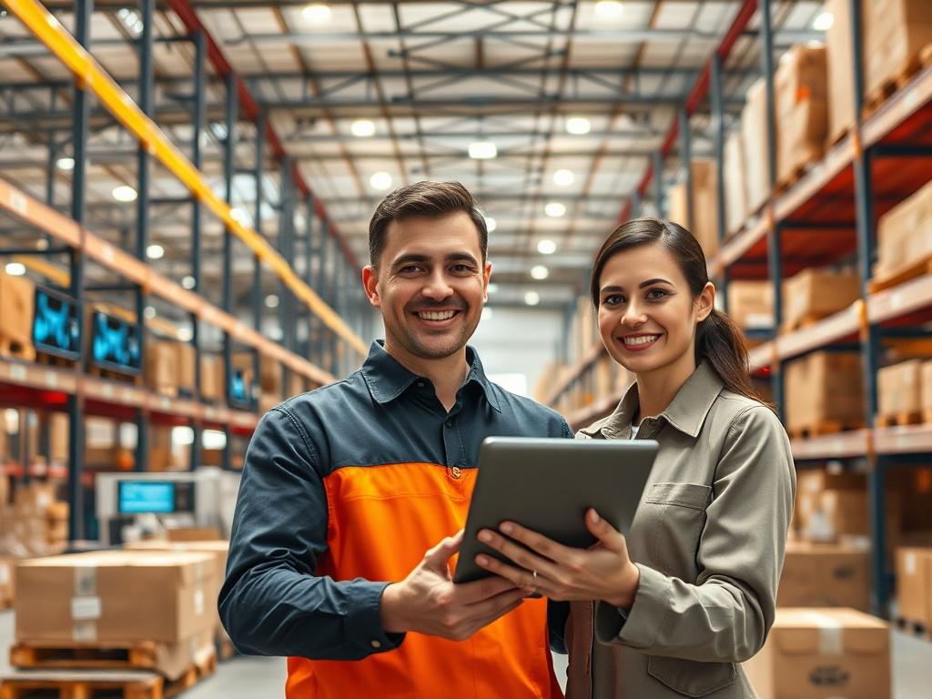 Create a realistic, high-resolution image that features a contrasting visual representation of the SML Fulfillment model versus traditional 3PL providers. The composition should be simple and clear, focusing on a single subject: a sleek, modern fulfillment warehouse. The warehouse should embody the innovative technology of SML Fulfillment, showcasing elements such as advanced robotics, automated packing stations, and dashboard-like screens displaying real-time data. 

In the foreground, include a friendly e