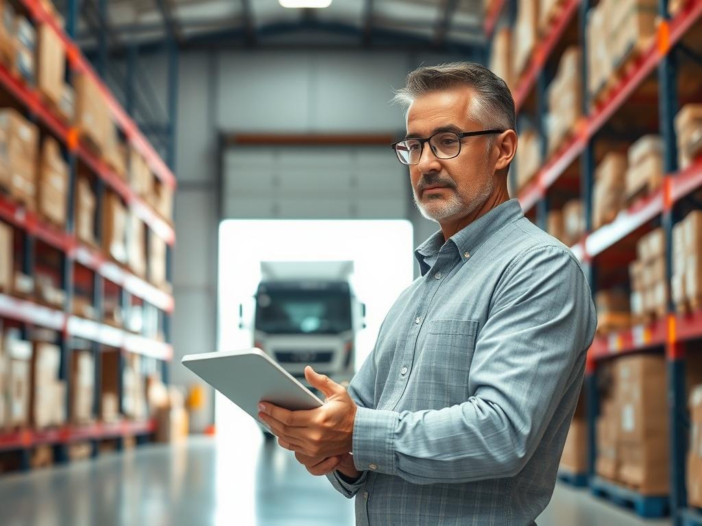 **AI Image Generation Prompt:**

Create a realistic high-resolution photo that encapsulates the essence of efficient logistics solutions provided by 3PL companies. The composition should be simple and clear, centering on a single subject: a thoughtful logistics manager standing confidently in a modern warehouse environment. 

The subject should be a middle-aged person, wearing a smart-casual outfit, engaged in reviewing logistics plans on a tablet. Their expression should reflect focus and determination, sy