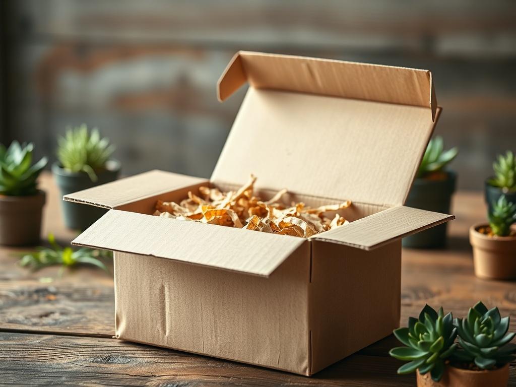 Create a realistic high-resolution photo that captures the essence of sustainable shipping packaging. The composition should be simple and clear, featuring a single subject: a beautifully crafted, eco-friendly shipping box made from recycled materials. The box should be partially open, revealing natural filler materials like shredded paper or biodegradable packing peanuts. 

The background should be softly blurred, consisting of a rustic wooden table with hints of greenery, such as small potted plants or su