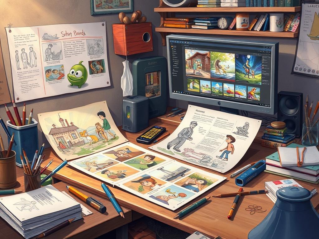 A detailed illustration of a storyboard layout with colorful sketches of animated scenes inspired by a manuscript, surrounded by art supplies and a computer screen displaying animation software.