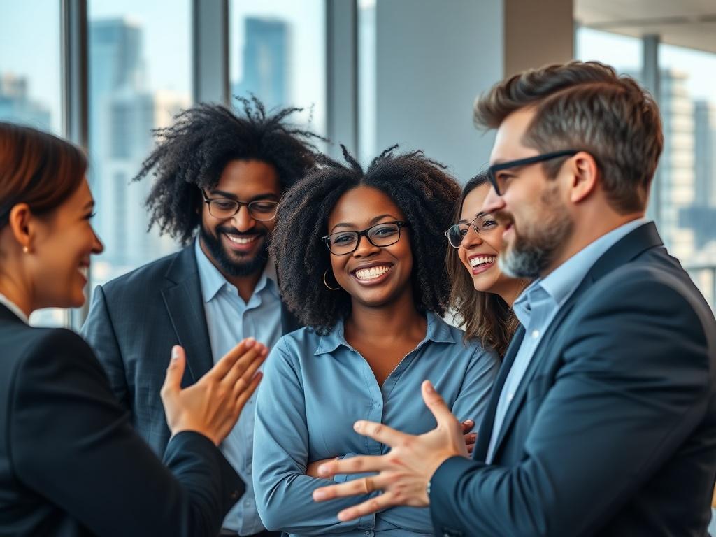 A close-up shot of a diverse group of real estate professionals engaged in a dynamic discussion. The setting features a modern office environment with large windows showcasing an urban skyline in the background. The image should have a focus on the expressions of enthusiasm and collaboration among the individuals, highlighting their interactions. Use a 45mm f/1.2 lens style to create a shallow depth of field, emphasizing the subjects while softly blurring the background.