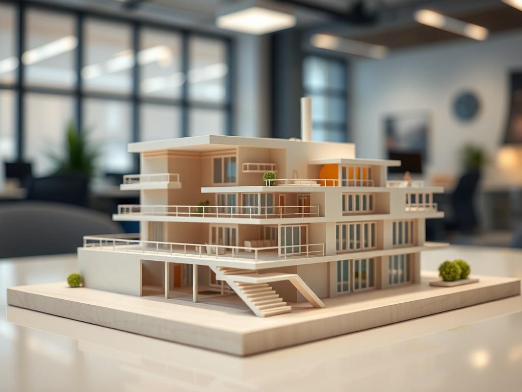 A stunning close-up shot of a modern architectural model, showcasing intricate details and innovative design features. The model should be placed on a clean, minimalist desk with a soft-focus background of a contemporary office interior. The lighting should highlight the textures and colors of the model, creating a sense of depth. The image should evoke a feeling of creativity and professionalism, with a rich blue hue reflecting the primary color rgb(2, 86, 197). Captured with a 45mm f/1.2 lens style.