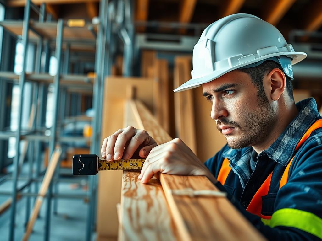 A close-up shot of a skilled construction worker wearing a hard hat and safety gear, focused on measuring a wooden beam with a tape measure. The background shows a well-structured construction site with scaffolding and building materials. The image captures the details of the worker's hands and the tools, emphasizing craftsmanship and dedication. The color palette includes shades of blue, harmonizing with the primary color rgb(2, 86, 197). The composition is simple and clear, with the worker as the main sub