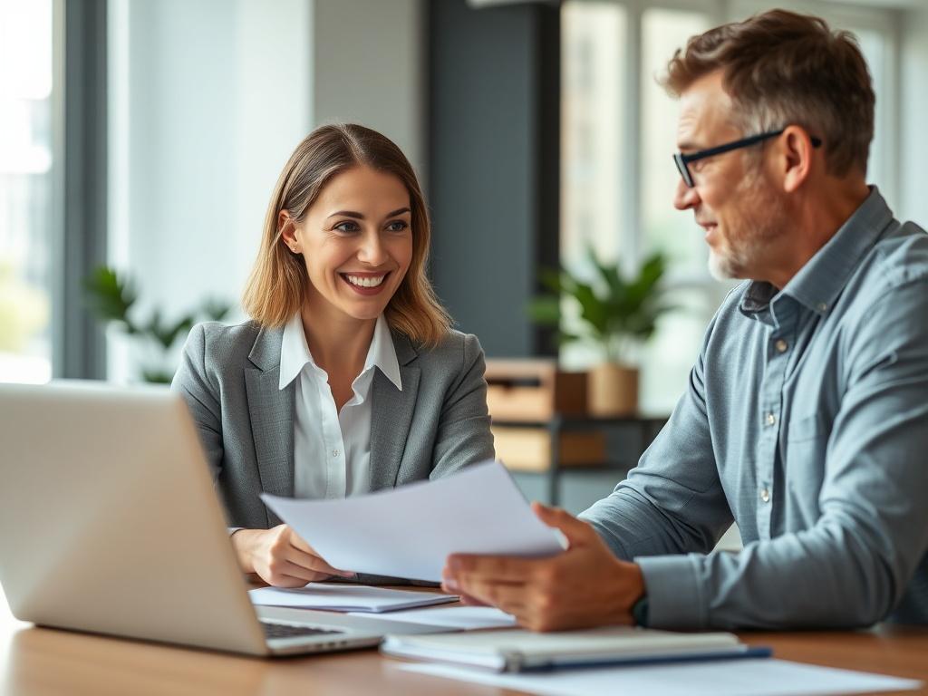A close-up shot of a professional property manager discussing property details with a satisfied landlord. The scene captures a modern office environment with property management documents and a laptop open on the desk. The manager should be smiling and engaging, projecting professionalism and trust. The background should be softly blurred to keep the focus on the interaction, using a hyper-realistic style and a 45mm f/1.2 lens effect.