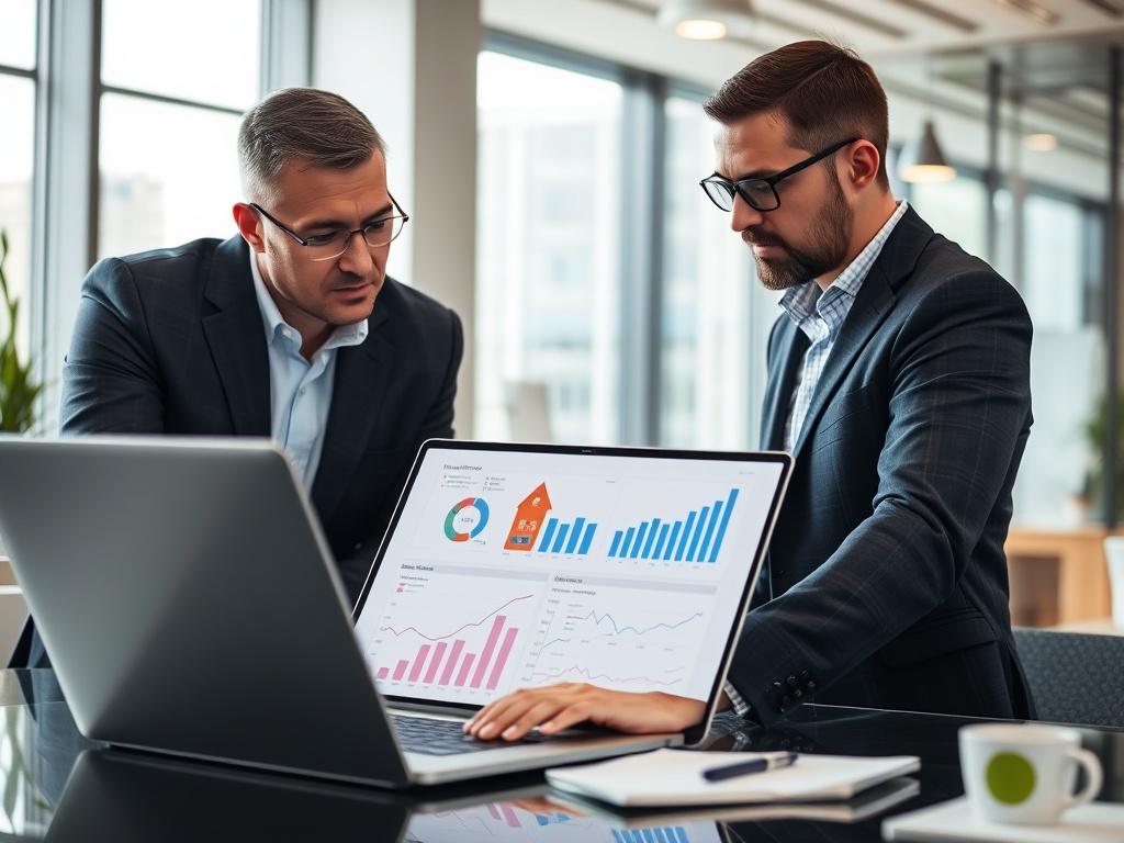 A close-up shot of a real estate consultant reviewing property data with a client, showcasing a laptop with graphs and charts. The setting should reflect a well-lit, modern office atmosphere, with a focus on the engaged conversation between the consultant and the client. Use a hyper-realistic style, capturing the expressions of both individuals, while employing a 45mm f/1.2 lens effect to blur the background.