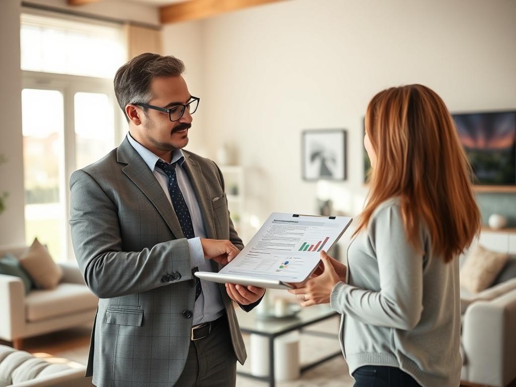 A close-up shot of a professional property manager discussing with a homeowner in a bright and inviting living room. The manager, a confident individual in business attire, is showing a well-organized property management plan on a tablet. The background features modern furniture and light streaming in through large windows, creating a warm and welcoming atmosphere. The composition is clean with a focus on the interaction between the two people, captured in hyper-realistic quality.