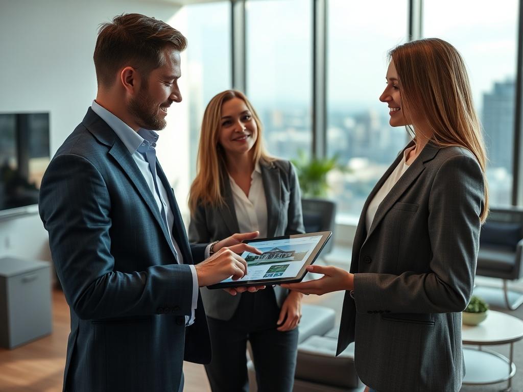 A close-up shot of a professional real estate agent in a modern office setting, engaged in a discussion with a client. The agent is pointing at a property listing on a tablet, showcasing an inviting and friendly demeanor. The background features sleek furniture, a large window with natural light, and a subtle hint of Brisbane's skyline. The image should be hyper-realistic, shot with a 45mm f/1.2 lens, focusing on the expressions of both the agent and the client.