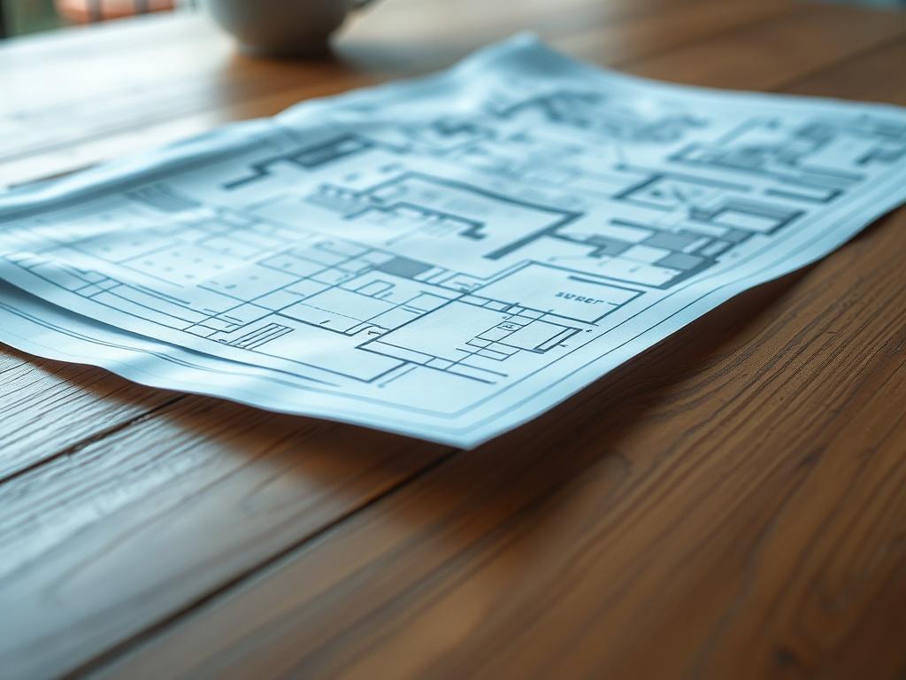A hyper-realistic close-up shot of a blueprint and architectural plan spread across a wooden table. The scene is well-lit, showcasing the intricate details of the plans. The background is softly blurred to emphasize the blueprints, while the focus remains sharp on the paper textures and lines. The color palette includes shades of blue, with an emphasis on the rgb(2, 86, 197) hue, creating a professional and inviting atmosphere.