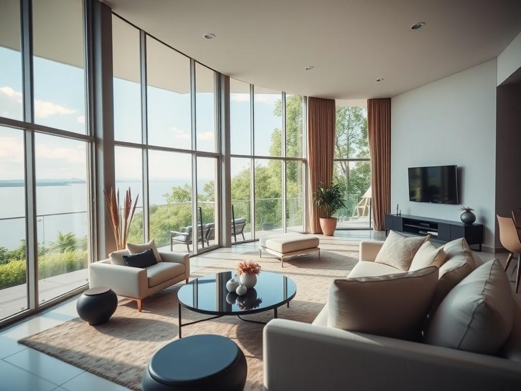 A close-up shot of a modern living room featuring stylish furniture and panoramic windows showcasing a beautiful outdoor view. The image should highlight the spaciousness and design elegance of the room. Soft natural light floods in, creating a warm and inviting atmosphere. The background should be a hint of greenery from outside, captured in a hyper-realistic style with a 45mm f/1.2 lens.