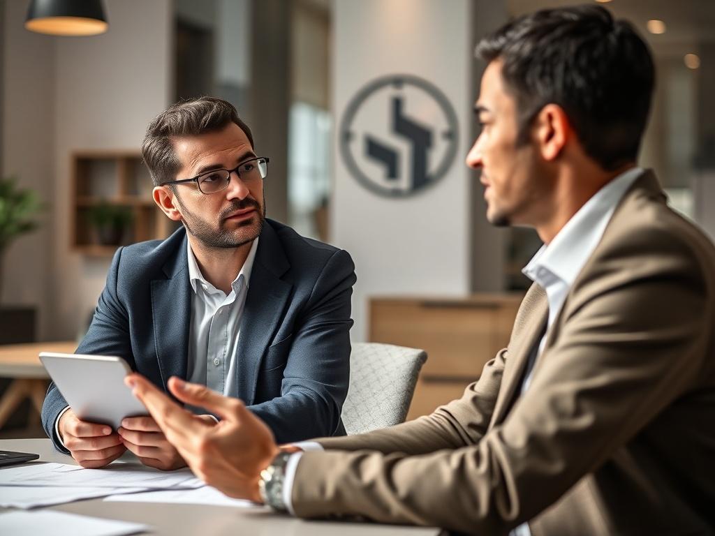 A close-up shot of a professional real estate consultant engaged in discussion with a client in a stylish office setting. The image should capture the consultant’s confident demeanor and the client's attentive expression. A modern desk with papers and a laptop in the background adds to the professional atmosphere. The shot is taken with a 45mm f/1.2 lens to emphasize the subjects while gently blurring the background.