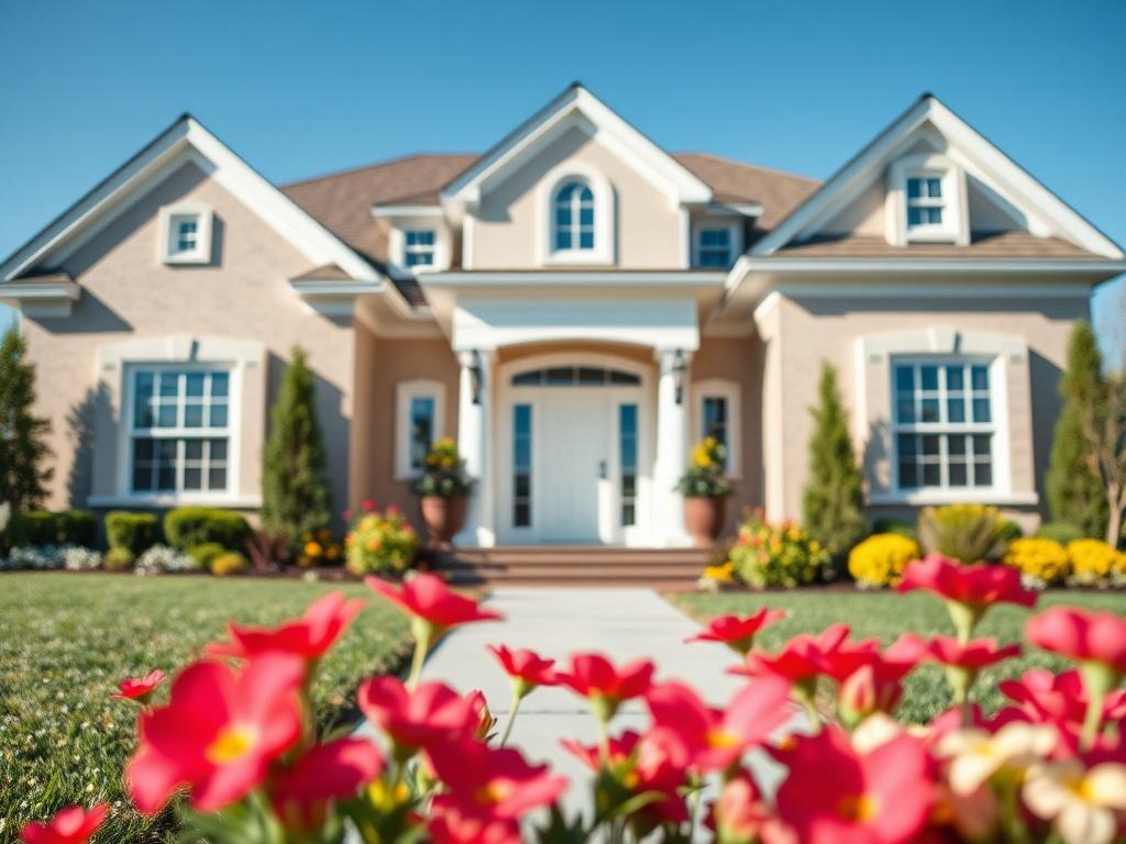 A close-up shot of an elegant, modern home exterior with a well-manicured lawn and vibrant flowers in the foreground. The image captures the essence of a welcoming property, focusing on the architectural details and inviting entrance. The background should be a clear blue sky, enhancing the colors of the home and landscaping. The shot is taken with a 45mm f/1.2 lens style to create a soft bokeh effect.
