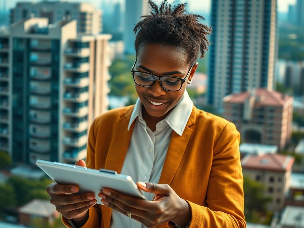 **AI Image Generation Prompt:**

Create a hyper-realistic high-resolution photo that embodies the essence of the blog titled "Maximizing Your Real Estate Investment." The composition should be simple and clear, featuring a single subject in the foreground: a focused individual examining property market data on a tablet. This person should be of diverse descent, wearing business casual attire, exuding confidence and professionalism.

In the background, include a softly blurred urban landscape showcasing a mi