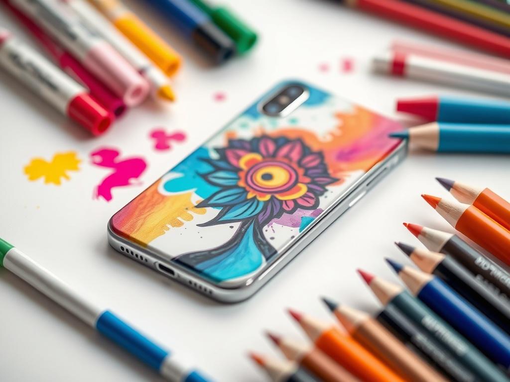 A vibrant close up of a customized phone case featuring