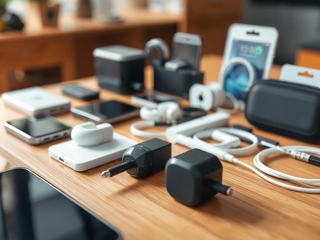 An attractive display of various smartphone accessories like chargers, headphones,