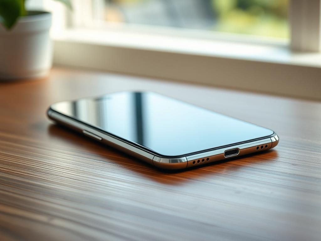 A realistic high-resolution photo of a modern smartphone placed on a clean wooden table. The smartphone should be sleek and shiny, showcasing its screen and design from a close-up angle. The background should be softly blurred, creating a focus on the phone, which gives a feeling of elegance and modernity. The color scheme should incorporate shades of green to align with the branding, with natural light highlighting the phone's features.