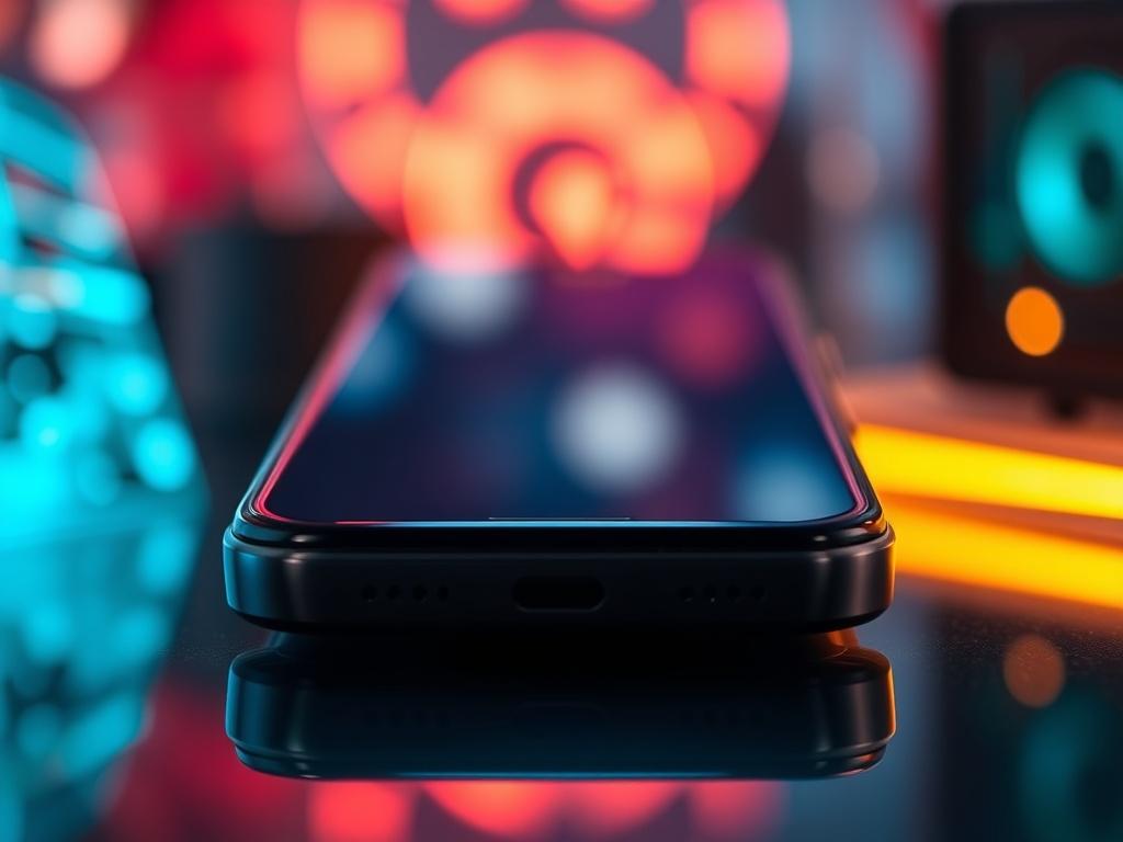A close-up shot of a high-quality refurbished smartphone, showcasing its sleek design and modern features. The phone is centered in the image, with a soft-focus background highlighting a technology-themed environment. The lighting is bright and emphasizes the phone's glossy finish and vibrant screen. The image is shot with a 45mm f/1.2 lens style, ensuring sharp details and a rich color palette that resonates with the rgb(50, 170, 39) primary color.