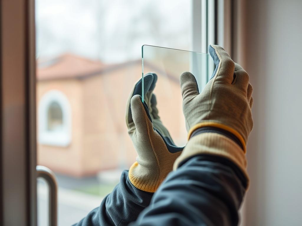 A close-up shot of a professional glazier replacing window glass in a residential setting. The glazier, wearing safety gloves, carefully installs a new pane of clear glass into a window frame. The background features a well-lit room with soft natural light filtering through the newly installed glass, highlighting the clarity and quality of the work. The focus is on the glazier's hands and the glass, captured with a 45mm f/1.2 lens, emphasizing the precision and craftsmanship involved.