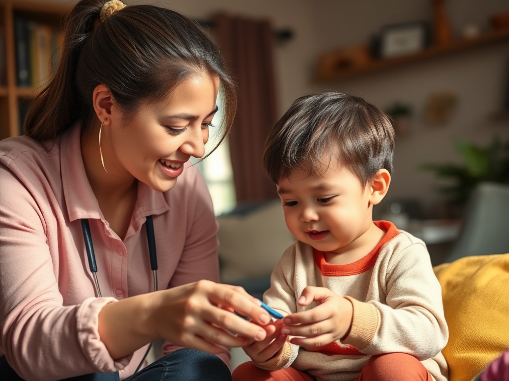 Educator supporting a child in a warm, engaging home learning environment with authentic interaction and support