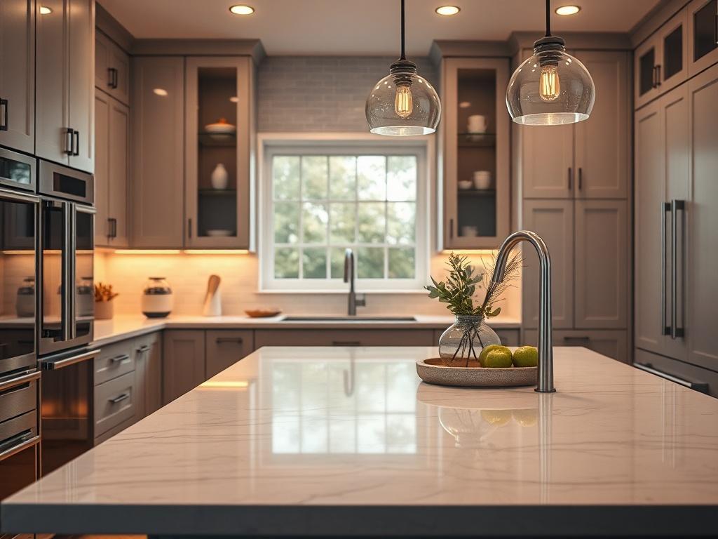 A hyper-realistic close-up shot of a beautifully designed custom kitchen, featuring modern cabinetry, sleek countertops, and stylish fixtures. The scene should focus on a well-organized kitchen island with a few decorative items, showcasing the craftsmanship and attention to detail. The background should be softly blurred to emphasize the kitchen features, with warm, inviting lighting creating an ambiance of comfort and elegance. The overall color scheme should harmonize with the rgb(50, 170, 39) primary co