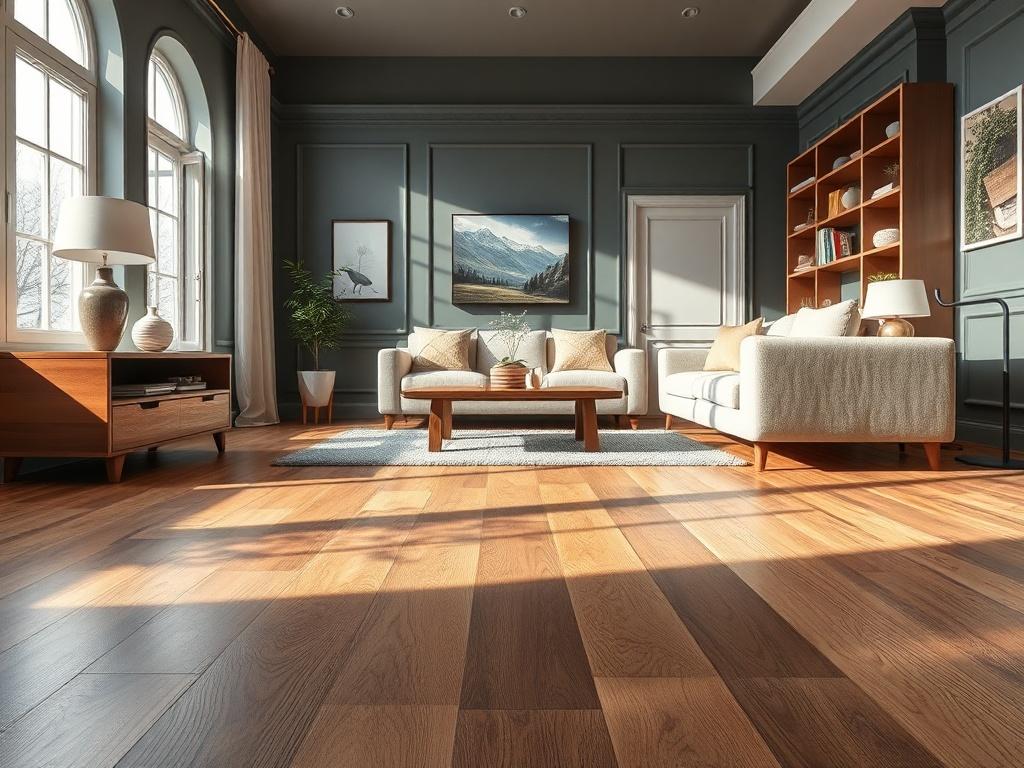 A stylish living area featuring elegant hardwood flooring and freshly