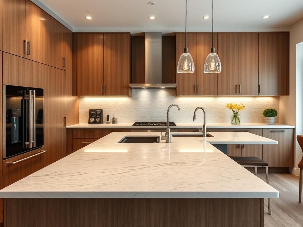A beautifully renovated kitchen featuring sleek cabinetry, modern countertops, and