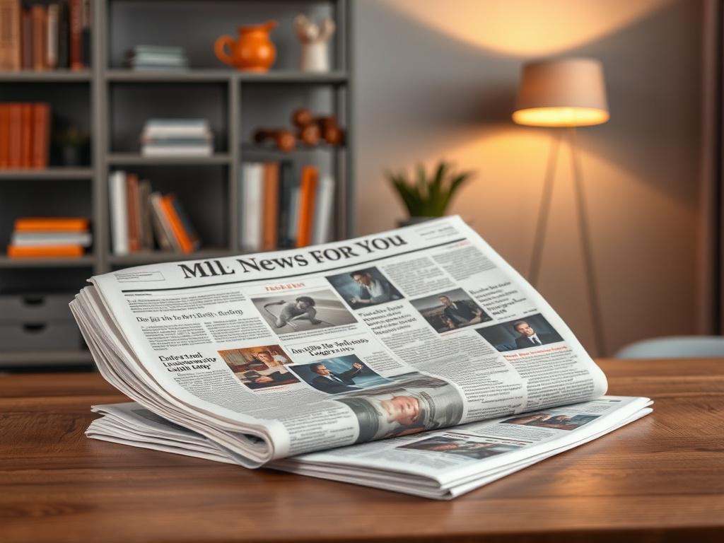 **AI Image Generation Prompt:**

Create a realistic, high-resolution photograph that embodies the essence of a blog titled "All News for You." The image should feature a single, focused subject: a well-organized newspaper or news magazine. The newspaper should be opened to display bold headlines and captivating images, symbolizing the latest news stories. The subject should be positioned on a wooden table that reflects warmth and reliability.

In the background, include subtle elements of a cozy, modern wor