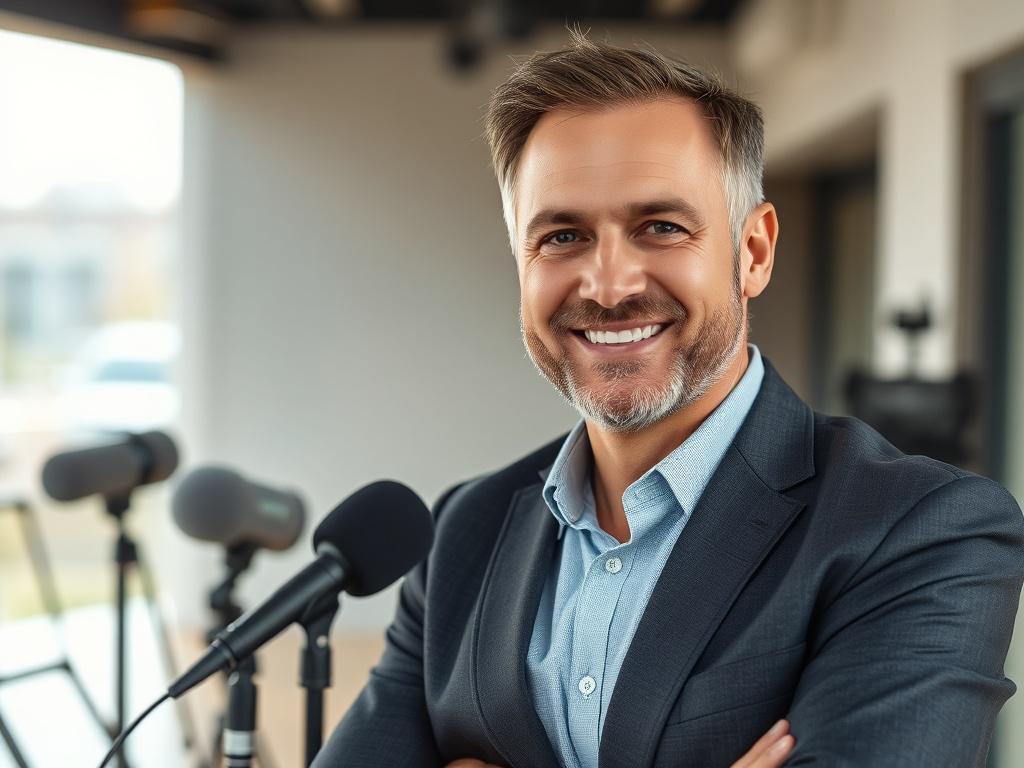 **AI Image Generation Prompt:**

Create a realistic high-resolution photo that embodies the essence of a personal blog titled "My Channel." The composition should be simple and clear, featuring only one subject: a charismatic reporter. 

**Subject:** The subject should be a middle-aged male journalist with a confident demeanor, dressed in a smart casual outfit, such as a fitted blazer over a crisp shirt. He should appear engaged and approachable, perhaps looking directly at the camera with a friendly smile.