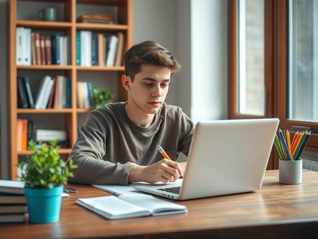 Create a realistic high-resolution photo that captures the essence of freelance writing for beginners. The composition should be simple and clear, focusing on a single subject: a young adult sitting at a wooden desk, deeply engaged in the act of writing. This individual should have a focused expression, with a laptop open in front of them and a notepad beside it, filled with handwritten notes and ideas.

In the background, include a softly blurred bookshelf filled with various writing books and a small pott