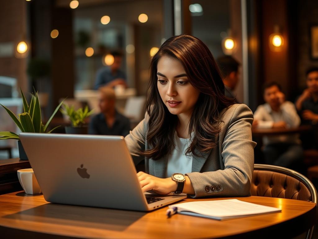 Create a highly realistic high-resolution photo for a blog titled "Easy Earning Through Freelance Writing." The composition should be simple and clear, focusing on a single subject. The image should feature a confident young woman sitting at a cozy, well-lit café table, deeply engaged in writing on her laptop. She should be dressed in smart-casual attire, exuding a sense of professionalism and creativity. 

Ensure the background is subtle but relatable, showing a softly blurred café setting with a few plant