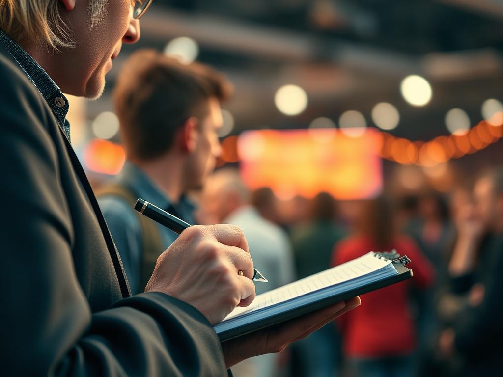 A focused close-up of a journalist holding a notepad and pen, actively taking notes at a local event. The background features a lively crowd, capturing the essence of community engagement. The scene is shot using a 45mm f/1.2 lens, bringing sharp clarity to the journalist while artistically blurring the surroundings. The colors are warm and inviting, aligning with the primary color rgb(243, 153, 62).