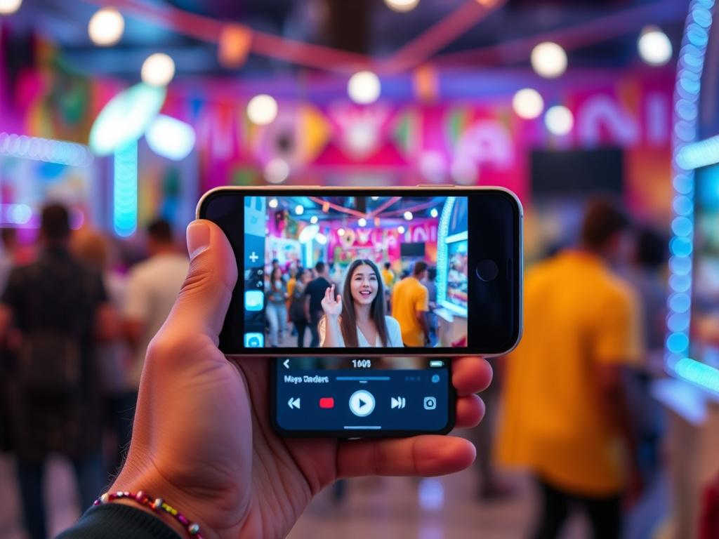 A vibrant close-up of a smartphone displaying a social media video in progress, held by a person's hand. The background features a lively and colorful environment, reflecting a fun and engaging atmosphere. The focus is on the smartphone screen, showcasing dynamic visuals. The image is captured with a 45mm f/1.2 lens, highlighting details while the background is softly blurred. The overall color scheme reflects the primary color rgb(243, 153, 62).
