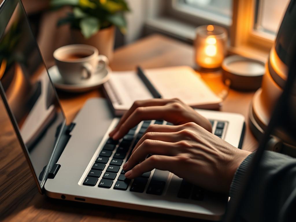 A close-up shot of a laptop with a person writing an article, surrounded by a cozy workspace with a warm light. The focus is on the hands typing on the keyboard, with a notepad and coffee cup in the background. The scene is shot with a 45mm f/1.2 lens, emphasizing the clarity of the subject while softly blurring the background. The overall color tone is warm, reflecting the primary color rgb(243, 153, 62).