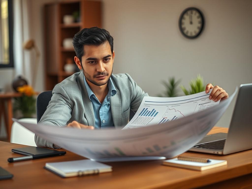 Create a realistic high-resolution photo that depicts the theme of financial freedom and earning potential in a visually compelling way. Center the composition on a confident person sitting at a well-organized desk, intently reviewing a structured plan spread out in front of them. The individual should appear engaged and motivated, exuding determination and focus to connect with the idea of unlocking earning potential.

The person should be in their mid-30s, dressed in business casual attire, representing a