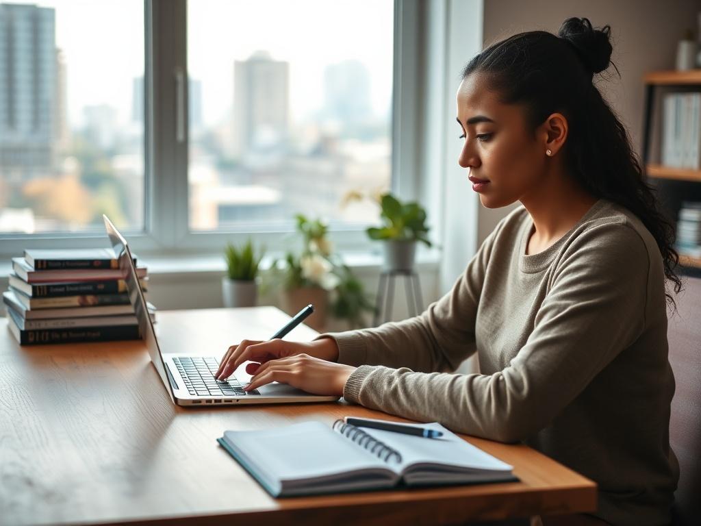 Create a highly realistic, high-resolution photo that embodies the theme of "Beginner’s Guide to Freelance Writing." The composition should feature a single subject: a focused, engaged young woman of diverse ethnicity, sitting at a well-organized wooden desk. She is actively typing on a sleek laptop with a notepad and pen beside her, showcasing a diligent writing process.

In the background, incorporate soft natural lighting emanating from a large window, illuminating the scene. The window should reveal a g