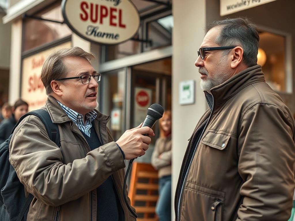 A dynamic scene of a reporter interviewing a local business owner outside a shop. The reporter holds a microphone, while the owner passionately explains their story. The background includes the shop's sign and a few curious onlookers, capturing the essence of community reporting.
