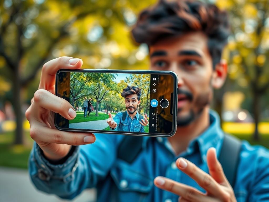 A vibrant image of a person recording a short video with a smartphone in an outdoor setting. The backdrop shows a lively park with trees and people enjoying their day. The individual is animated, gesturing while speaking, representing the fun and engaging nature of creating social media content.
