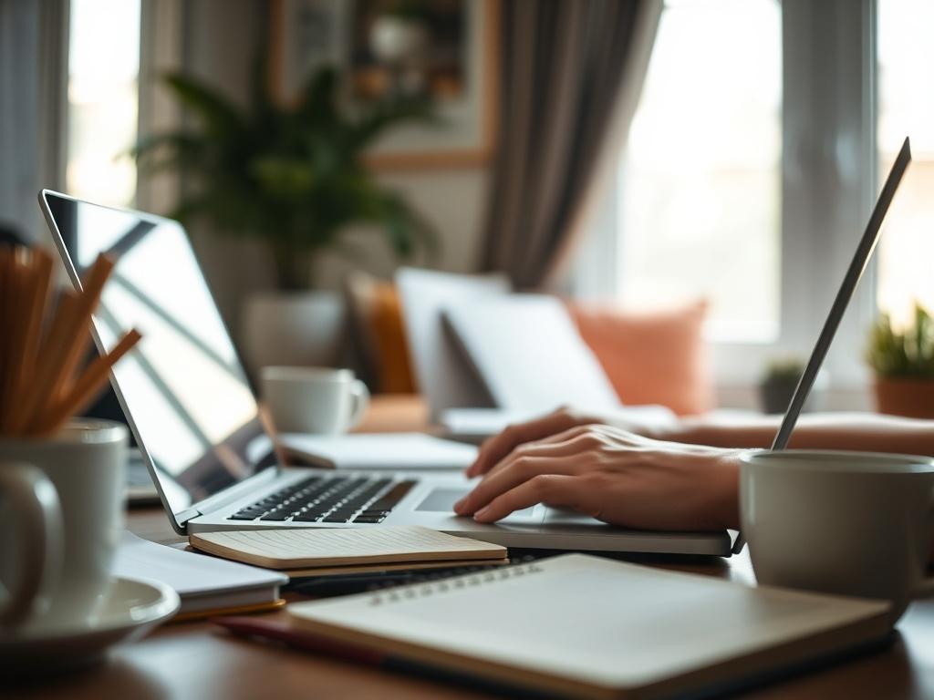 A close-up shot of a person typing on a laptop in a cozy workspace, surrounded by notebooks and coffee cups. The background features soft natural light coming through a window, creating a warm and inviting atmosphere. The individual appears focused and engaged in their writing, showcasing creativity and productivity.