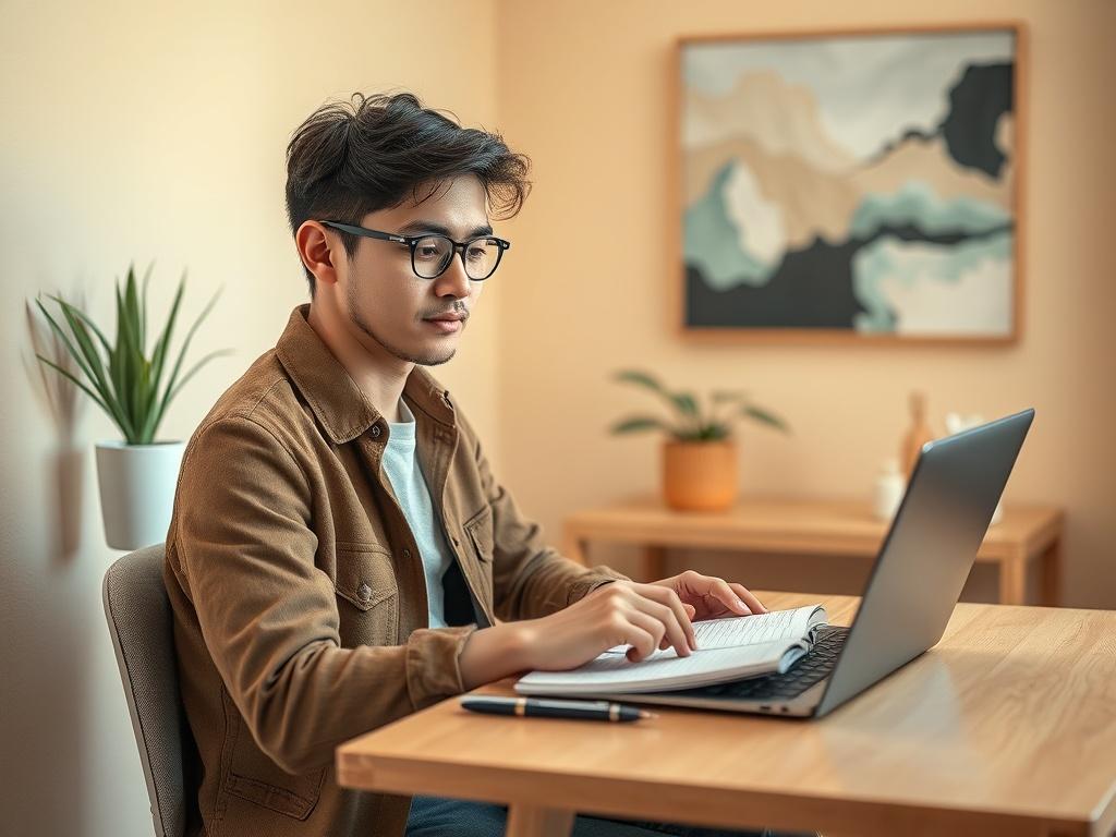 **AI Image Generation Prompt:**

Create a hyper-realistic high-resolution image that effectively reflects the blog titled "Easy Earning Plan for Beginners." The composition should be simple and focused, featuring a single subject. 

**Subject:** A confident, young adult (age 25-30) sitting at a small desk with a laptop, displaying an engaged expression while working. They should have an open notebook and a pen beside the laptop, indicating planning or note-taking. Their clothing should be smart-casual, refl