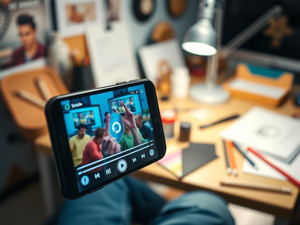 A close-up shot of a smartphone displaying a vibrant and colorful social media video being played. The background shows a casual workspace, with creative tools and materials scattered around. The image captures the excitement of video creation, with a focus on the phone screen and a blurred background. The photo should be in hyper-realistic style with bright colors, taken with a 45mm f/1.2 lens.