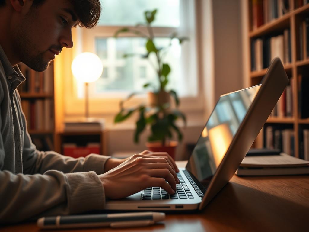 A close-up shot of a person typing on a laptop in a cozy home office setting. The individual is focused and engaged in writing, with a warm light illuminating the workspace. The background features bookshelves filled with books and a plant, creating an inviting atmosphere. The photo is taken with a 45mm f/1.2 lens style, ensuring a sharp focus on the writer and a softly blurred background.