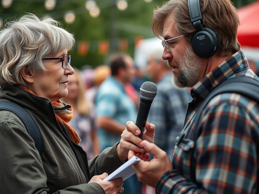 A close-up shot of a journalist interviewing a local resident at a community event. The focus is on the journalist, who holds a microphone and takes notes, with the background featuring lively event activities. The scene captures the essence of local journalism in action, highlighting the interaction between the reporter and the interviewee. The photo should be in hyper-realistic style, emphasizing the emotions of the moment, taken with a 45mm f/1.2 lens.