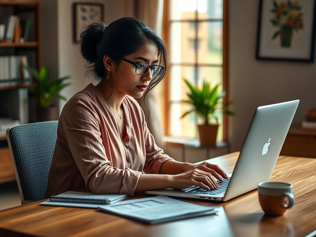 **AI Image Generation Prompt:**

Create a hyper-realistic high-resolution photo of a young professional, a South Asian woman, sitting at a wooden desk with a laptop open in front of her, deeply engaged in her work. She should have a focused expression, indicating determination and confidence as she navigates through an online platform, possibly researching freelance writing or social media strategies. 

The composition should center on her, showcasing her as the sole subject in the frame. Place a few docume