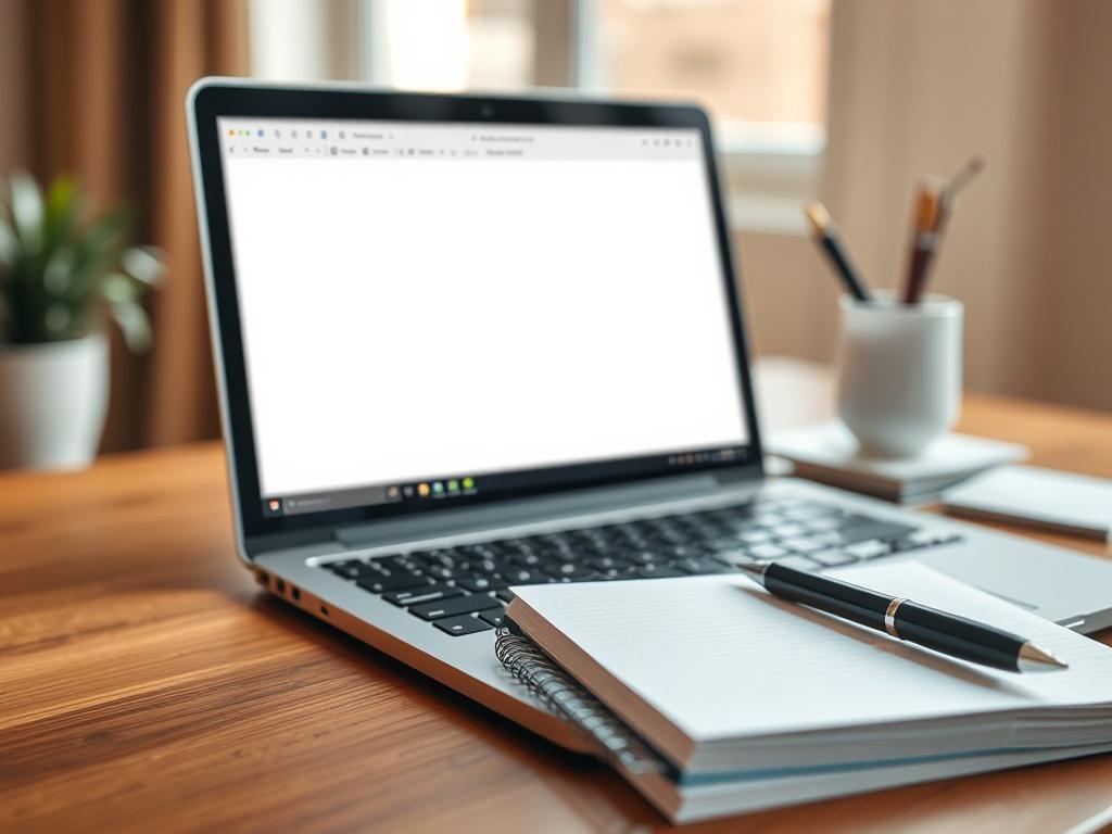 Create a realistic high-resolution photo that embodies the concept of "Easy Earning Plan: Week 1." The image should prominently feature a focused close-up of a laptop with open freelance writing software on the screen, showing a blank document ready for an article. Place a well-organized notepad and a sleek black pen to the side, symbolizing planning and structure. The background should be softly blurred to emphasize the laptop and workspace, giving a warm and inviting feel. Use natural window light coming 