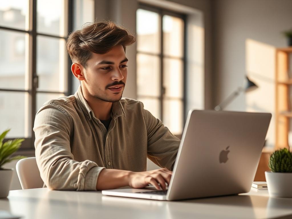 Create a realistic, high-resolution photo that encapsulates the theme of "1-Month Easy Earning Plan Overview." The main subject of the image should be a confident young professional sitting at a modern desk. They are intently focused on a laptop, where graphs and charts related to income growth can be subtly suggested. The individual is casually dressed, exuding a sense of accessibility and approachability.  

In the background, include natural light flowing through a large window, which casts a warm glow a
