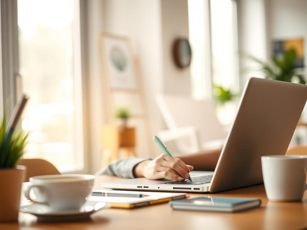A close-up shot of a person working on a laptop, focused on writing. The setting is a bright, modern workspace with natural light streaming in. The person looks engaged and motivated, with a notepad and coffee cup nearby. The background is soft and blurred to keep the focus on the individual. The image should be in high resolution with warm, inviting colors, emphasizing productivity and creativity.