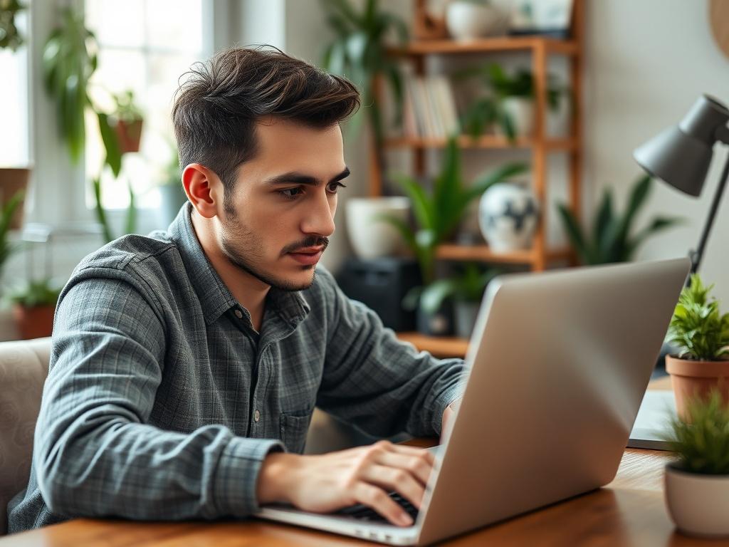 A close-up shot of a person sitting at a desk, engaging with a laptop while completing an online survey. The expression is focused and intent, showcasing the ease of completing the task. The background includes a cozy home office setup with plants and personal touches. The lighting is bright yet soft, creating an inviting atmosphere.