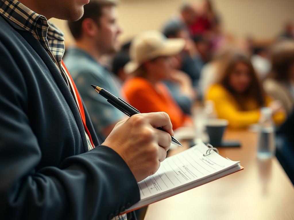 A high-resolution close-up of a journalist at a local event, taking notes with a notepad and pen. The background shows an audience engaged in the event, blurred to keep the focus on the journalist. The lighting is natural and warm, enhancing the atmosphere of a community gathering. The composition should feel dynamic, capturing the essence of local journalism.